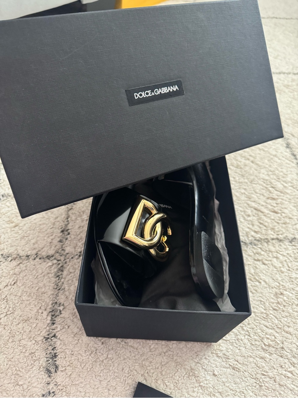 Dolce & Gabbana Black Patent Slides with Large Gold DG Logo - Picture 3 of 4